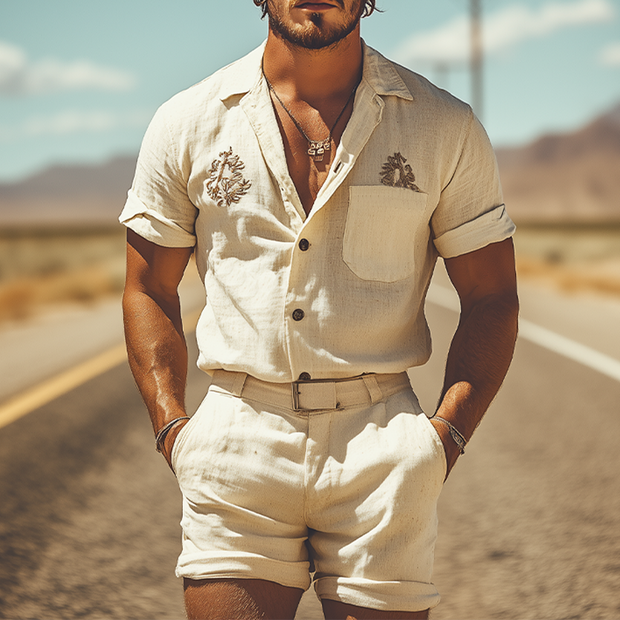 Chic Men's Summer Casual Western-inspired Cotton and Linen Embroidered Shirt and Shorts Ensemble (Belt Not Included) MTA1723D4K