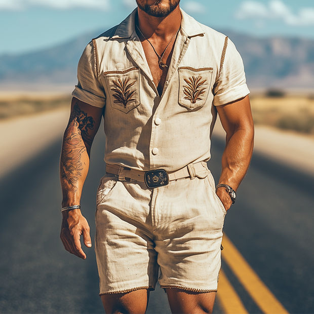 Chic Men's Summer Casual Retro Western-Style Cotton and Linen Embroidered Pocket Jumpsuit (Belt Not Included) MTA1742D4K