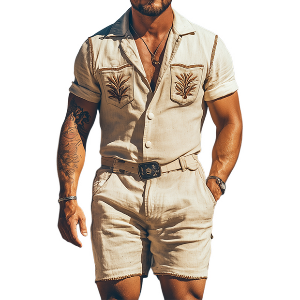 Chic Men's Summer Casual Retro Western-Style Cotton and Linen Embroidered Pocket Jumpsuit (Belt Not Included) MTA1742D4K