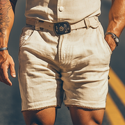 Chic Men's Summer Casual Retro Western-Style Cotton and Linen Embroidered Pocket Jumpsuit (Belt Not Included) MTA1742D4K