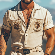 Chic Men's Summer Casual Retro Western-Style Cotton and Linen Embroidered Pocket Jumpsuit (Belt Not Included) MTA1742D4K
