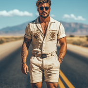 Chic Men's Summer Casual Retro Western-Style Cotton and Linen Embroidered Pocket Jumpsuit (Belt Not Included) MTA1742D4K