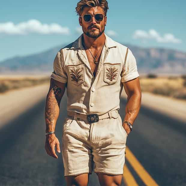 Chic Men's Summer Casual Retro Western-Style Cotton and Linen Embroidered Pocket Jumpsuit (Belt Not Included) MTA1742D4K