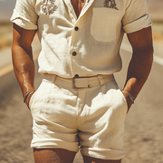 Chic Men's Summer Casual Western-inspired Cotton and Linen Embroidered Shirt and Shorts Ensemble (Belt Not Included) MTA1723D4K