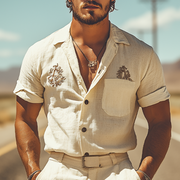 Chic Men's Summer Casual Western-inspired Cotton and Linen Embroidered Shirt and Shorts Ensemble (Belt Not Included) MTA1723D4K