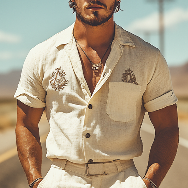 Chic Men's Summer Casual Western-inspired Cotton and Linen Embroidered Shirt and Shorts Ensemble (Belt Not Included) MTA1723D4K