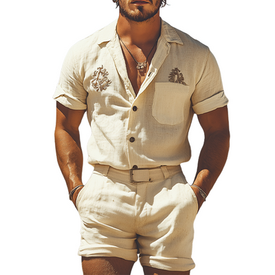 Chic Men's Summer Casual Western-inspired Cotton and Linen Embroidered Shirt and Shorts Ensemble (Belt Not Included) MTA1723D4K