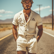 Chic Men's Summer Casual Western-inspired Cotton and Linen Embroidered Shirt and Shorts Ensemble (Belt Not Included) MTA1723D4K