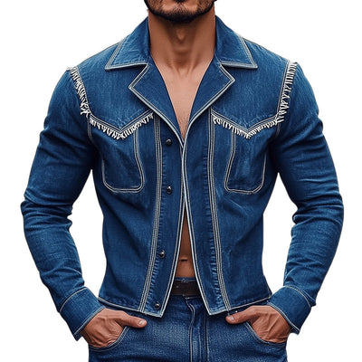 Chic Men's Notched Lapel Fringed Denim Jacket - MTA1873D3U