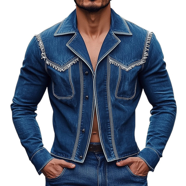 Chic Men's Notched Lapel Fringed Denim Jacket - MTA1873D3U