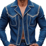 Chic Men's Notched Lapel Fringed Denim Jacket - MTA1873D3U