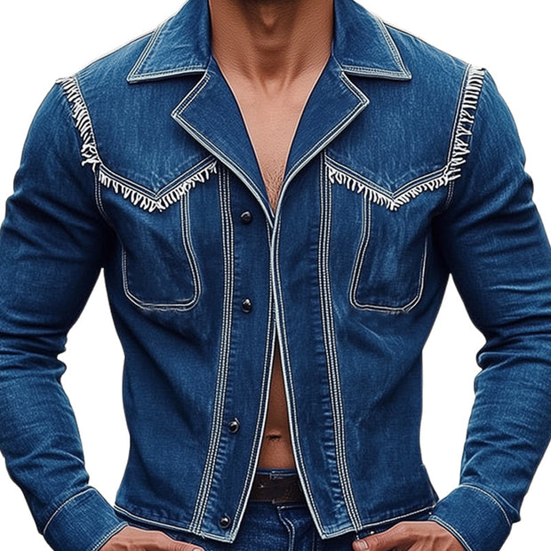 Chic Men's Notched Lapel Fringed Denim Jacket - MTA1873D3U