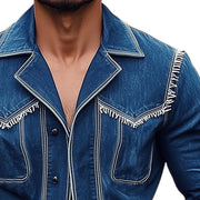 Chic Men's Notched Lapel Fringed Denim Jacket - MTA1873D3U
