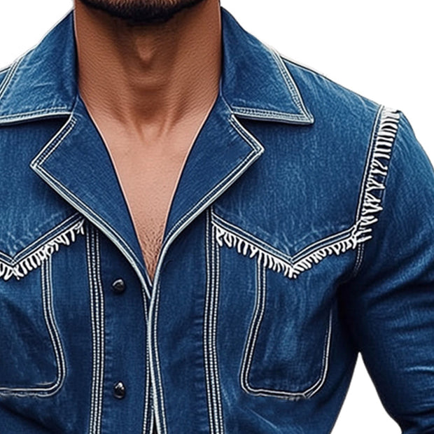 Chic Men's Notched Lapel Fringed Denim Jacket - MTA1873D3U