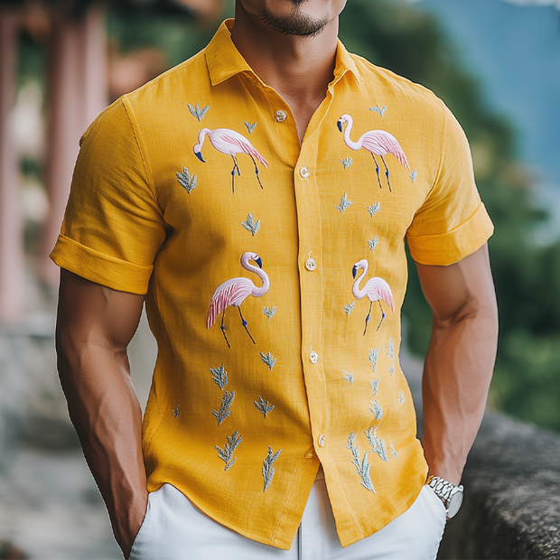 Stylish Hawaiian-Inspired Men's Summer Shirt with Flamingo Embroidery – Cotton and Linen Blend, Short Sleeve MTA1852D8K
