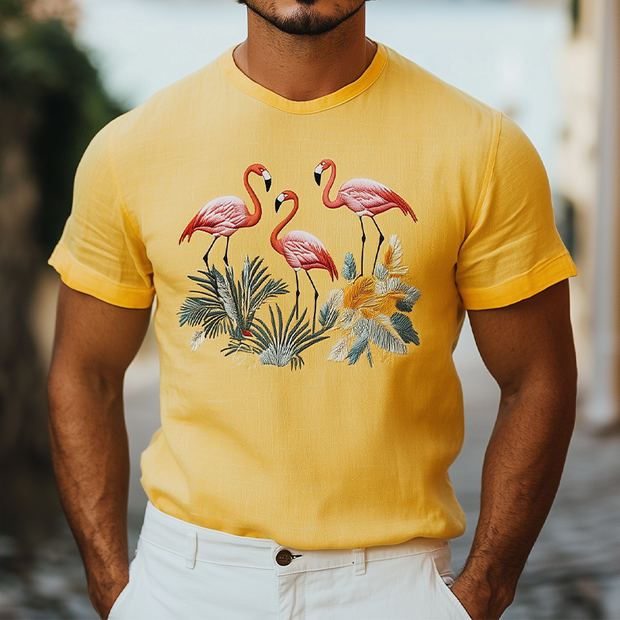 Men's Summer Hawaiian-Inspired Cotton & Linen Short Sleeve T-Shirt with Animal Embroidery - MTA1722D9K