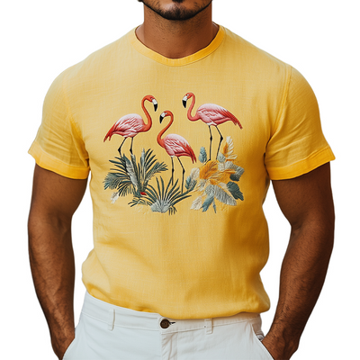 Men's Summer Hawaiian-Inspired Cotton & Linen Short Sleeve T-Shirt with Animal Embroidery - MTA1722D9K