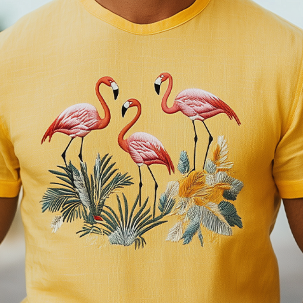 Men's Summer Hawaiian-Inspired Cotton & Linen Short Sleeve T-Shirt with Animal Embroidery - MTA1722D9K