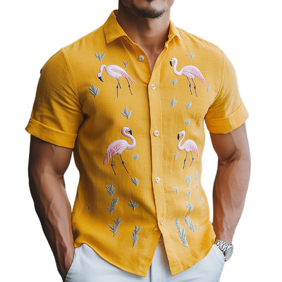 Stylish Hawaiian-Inspired Men's Summer Shirt with Flamingo Embroidery – Cotton and Linen Blend, Short Sleeve MTA1852D8K