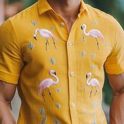 Stylish Hawaiian-Inspired Men's Summer Shirt with Flamingo Embroidery – Cotton and Linen Blend, Short Sleeve MTA1852D8K