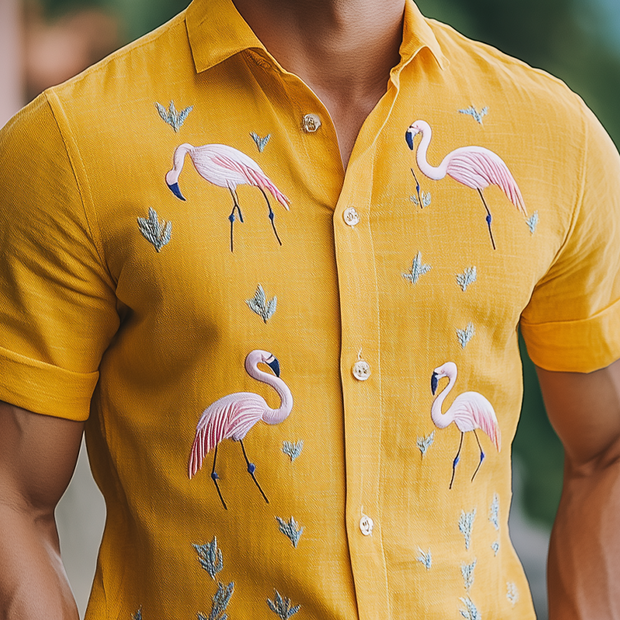 Stylish Hawaiian-Inspired Men's Summer Shirt with Flamingo Embroidery – Cotton and Linen Blend, Short Sleeve MTA1852D8K