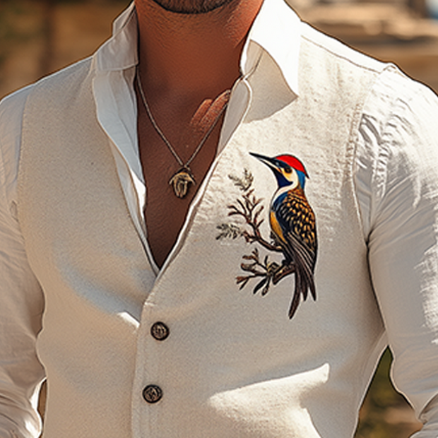 Stylish Men's Casual Hawaiian Cotton-Linen Vest with Woodpecker Embroidery for Summer - MTA1842D3K
