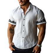 Stylish Men's Casual Floral Embroidered Linen Short Sleeve Shirt - Slim Fit MTA1865D8M