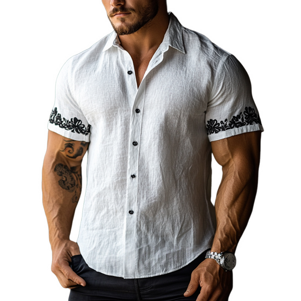 Stylish Men's Casual Floral Embroidered Linen Short Sleeve Shirt - Slim Fit MTA1865D8M