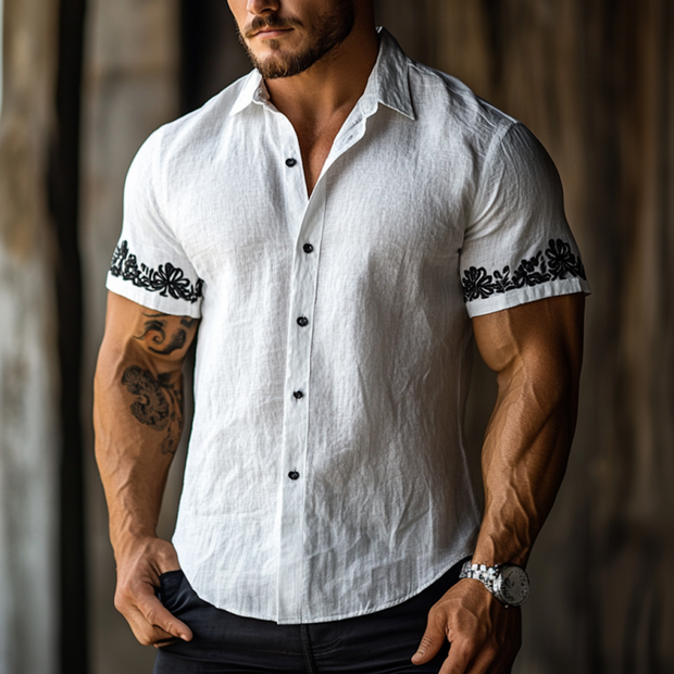 Stylish Men's Casual Floral Embroidered Linen Short Sleeve Shirt - Slim Fit MTA1865D8M