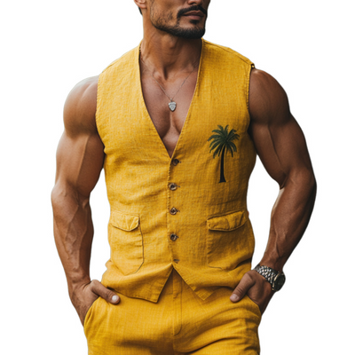 Men's Stylish Slim Fit Linen Suit Vest with Palm Tree Embroidery - Perfect for Casual Elegance!