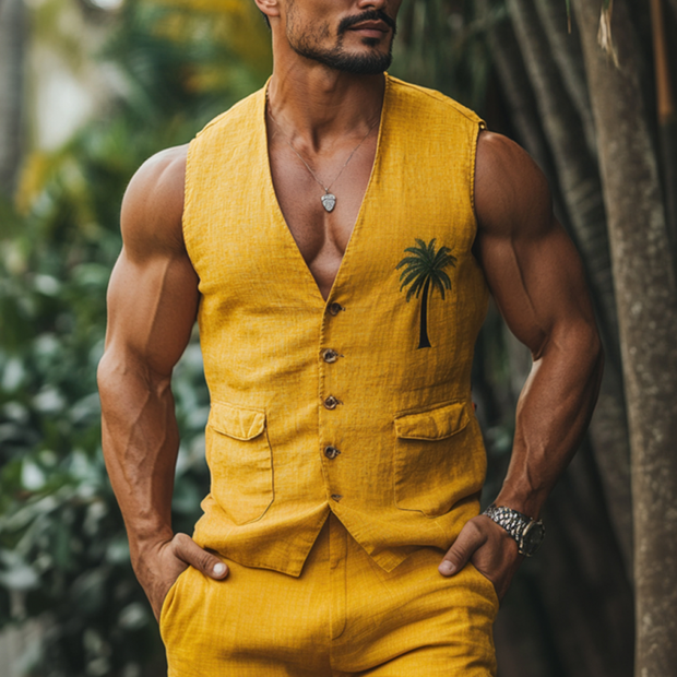 Men's Stylish Slim Fit Linen Suit Vest with Palm Tree Embroidery - Perfect for Casual Elegance!