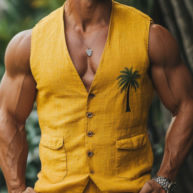 Men's Stylish Slim Fit Linen Suit Vest with Palm Tree Embroidery - Perfect for Casual Elegance!
