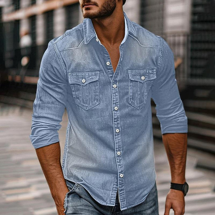 Xerxes - Men's Vintage Washed Distressed Denim Lapel Shirt