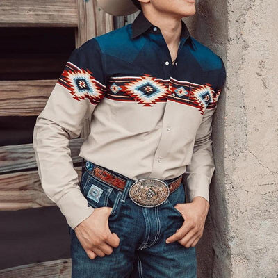 Isaac - Men's Western Denim Print Long Sleeve Shirt