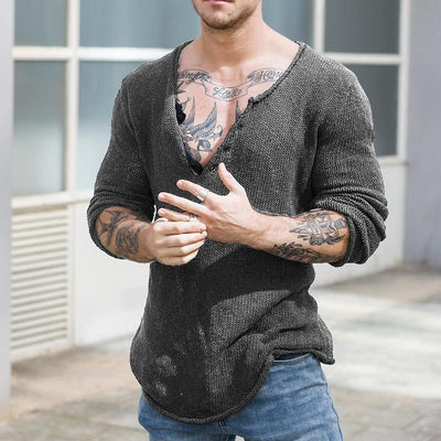 Drillo - Men's Casual V Neck Long Sleeve Knitted Shirt