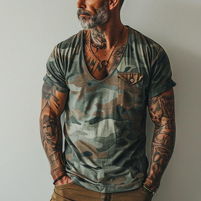 Felipe - Men's Vintage Camo Print V-Neck T-Shirt