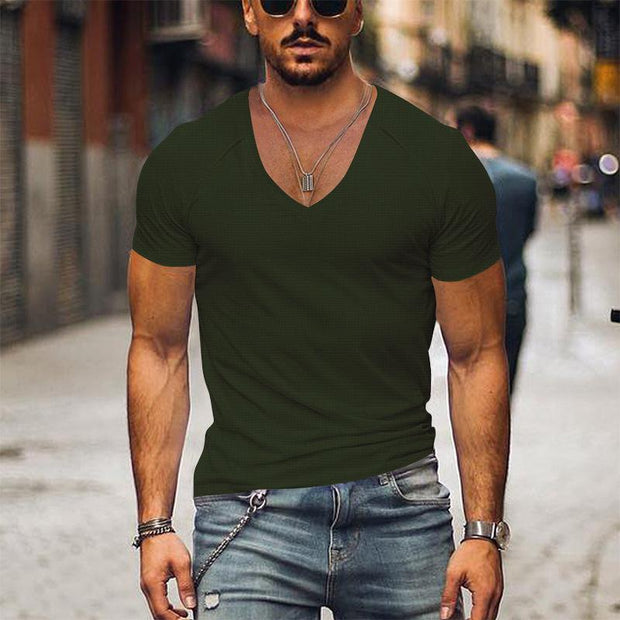 Trey - Men's Waffle V Neck Solid Color T-Shirt