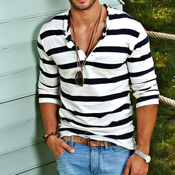 Jason - Men's Striped Henley Collar Long Sleeve T-Shirt