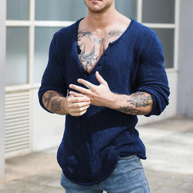 Drillo - Men's Casual V Neck Long Sleeve Knitted Shirt