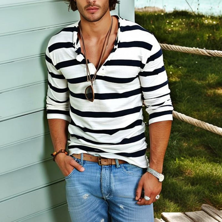 Jason - Men's Striped Henley Collar Long Sleeve T-Shirt