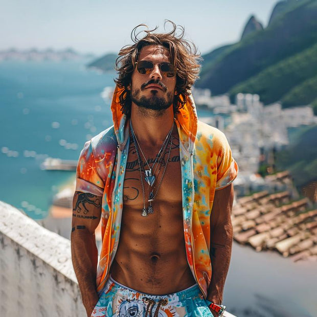 Altair - Men's Tie-dye Printed Hooded Short Sleeve Zip Hoodie