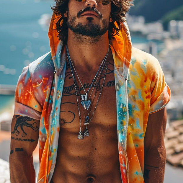 Altair - Men's Tie-dye Printed Hooded Short Sleeve Zip Hoodie