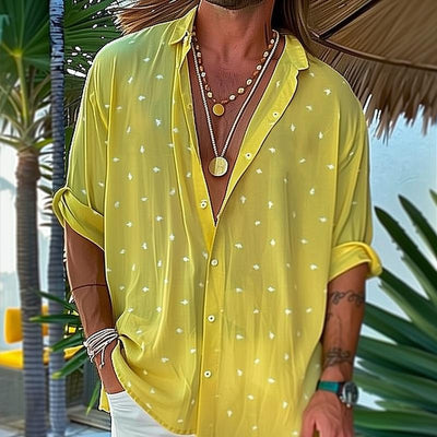 Henry - Men's Dot Print Chiffon Casual Yellow Shirt