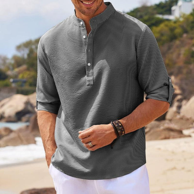 Theodore - Men's Waffle Stand Collar Rolled Sleeve Shirt