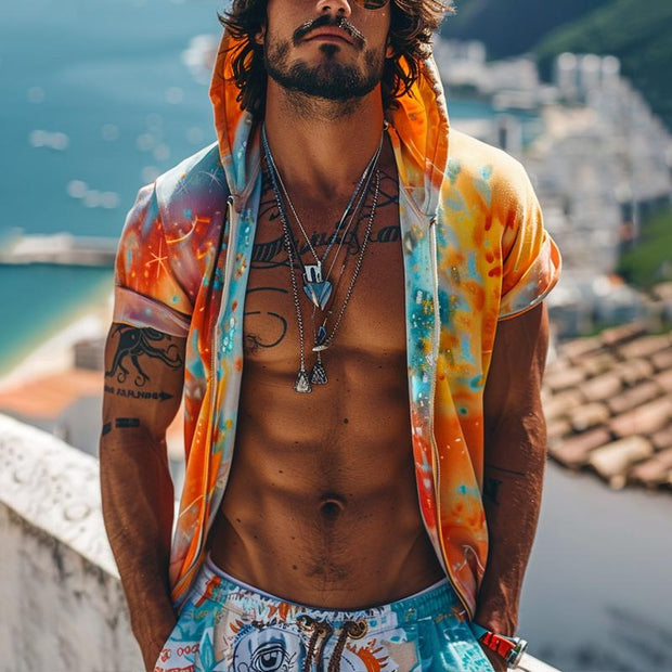 Altair - Men's Tie-dye Printed Hooded Short Sleeve Zip Hoodie