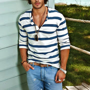 Jason - Men's Striped Henley Collar Long Sleeve T-Shirt