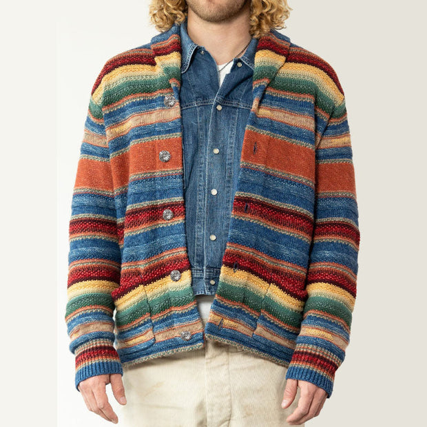 Elijah - Men's Vintage Rainbow Colorblock Jacquard Lapel Cardigan